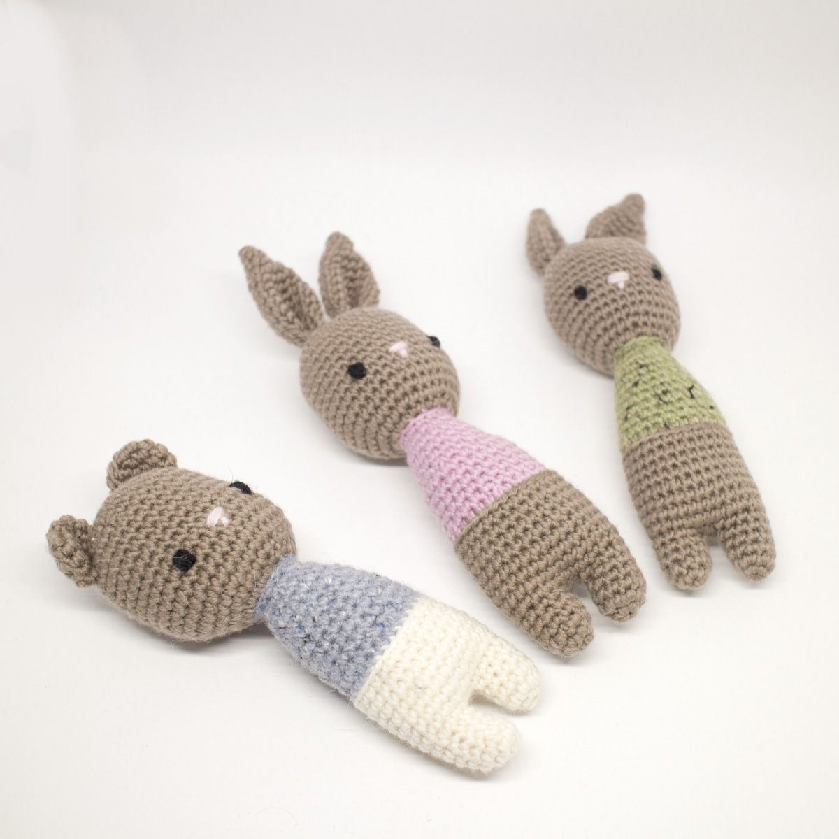 Amigurumi bear and bunny rattles